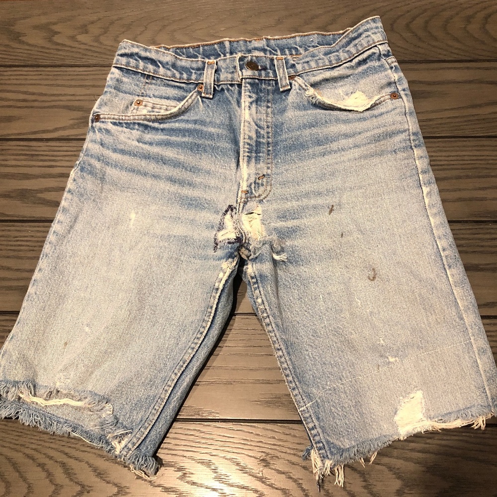 Vtg 80s Trashed Destroyed Faded LEVI'S Men's Orange Tab Cut Off Jeans Shorts 32W